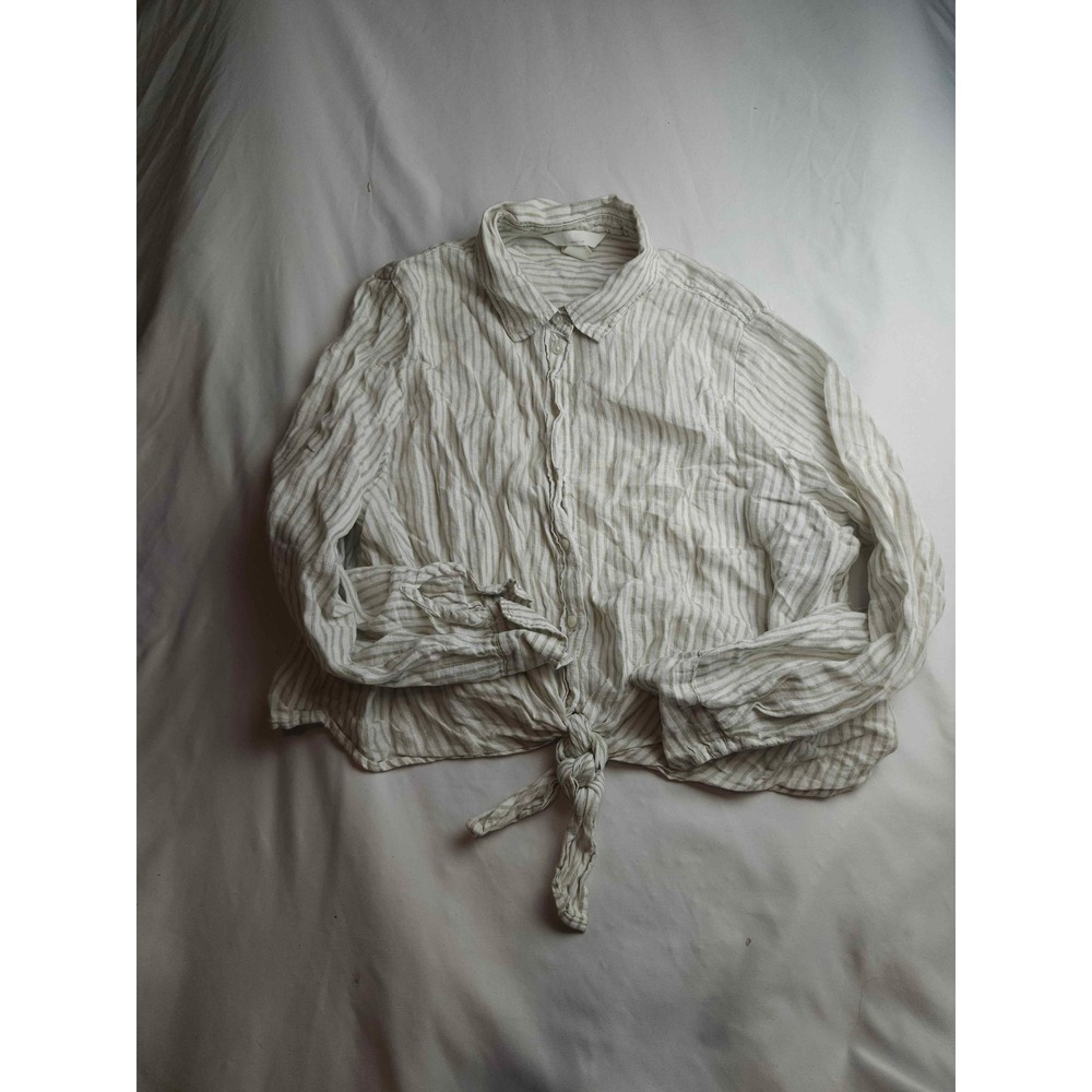 H&M Linen Blend Striped Front Tie Button Down Shirt Green White Womens Large